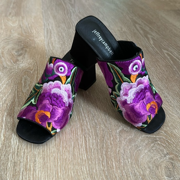 Jeffrey Campbell Perpetua Embroidered Square Toe Block Heel open toe mules - Picture 6 of 11